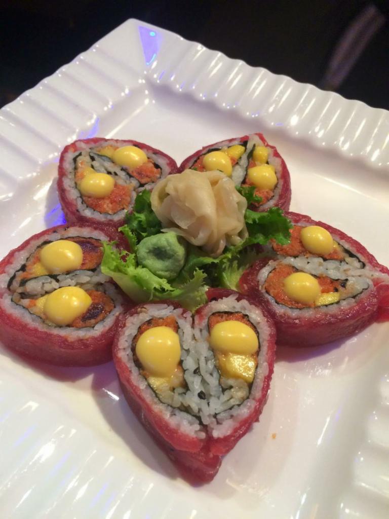 Sweet Heart Roll · Inside; spicy tuna and mango. Outside; tuna and mango. 
