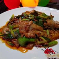 Double sautéed pork Belly · Thinly sliced pork belly , leek, pepper in spicy Szechuan sauce