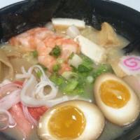 Seafood Ramen · Served using the vegetarian soup base with shrimp, scallops, crab meat, fish cakes, scallion...