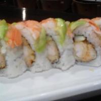 Shrimp Lovers Roll · Shrimp tempura, imitation crab mix, cucumber, topped with shrimp, avocado and sweet chili sa...