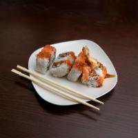 Crunchy Shrimp Roll · Shrimp tempura, asparagus, mayo, masago and sesame seeds topped with eel sauce.