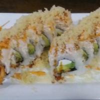 Double Decker Roll · Shrimp Tempura, Cream cheese, avocado, Top with Imitation crab mix, Shrimp, Tempura crunchie...