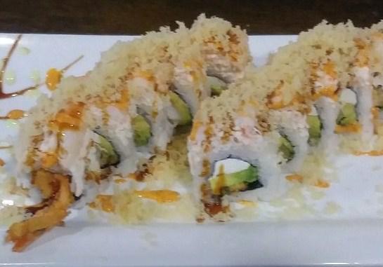 Double Decker Roll · Shrimp Tempura, Cream cheese, avocado, Top with Imitation crab mix, Shrimp, Tempura crunchies, eel sauce and Spicy mayo