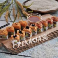 Angel Roll · 12 pcs. Pepper style salmon, tuna, avocado mango inside, top with spicy king crab, spicy tun...