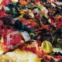 Vegetariana Pizza · Tomatoes, sauteed spinach, eggplant, roasted garlic, caramelized onion, roasted bell peppers...