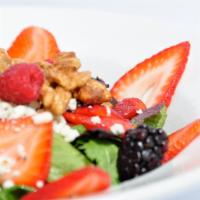 Mixed Berry and Chicken Salad · Mixed greens, chicken, Gorgonzola cheese, candied walnuts, blackberries, strawberries and ra...