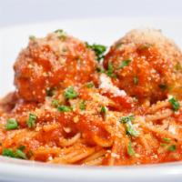 Spaghetti with Meatballs · Our fine pasta with homemade meatballs, topped with marinara sauce.
