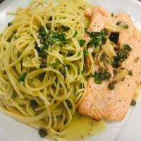 Capellini ala Salmon · Grilled Alaskan salmon with sauteed garlic, cappers and lemon butter sauce over angel hair p...