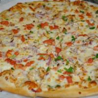 Roasted Garlic Chicken Pizza · Creamy garlic sauce, sliced chicken breast, red onions and tomatoes.