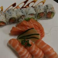 Salmon Lover ·  3 pc salmon sushi , 3 pc salmon sashimi  and  1 salmon avocado roll 
 sever  miso soup  or ...