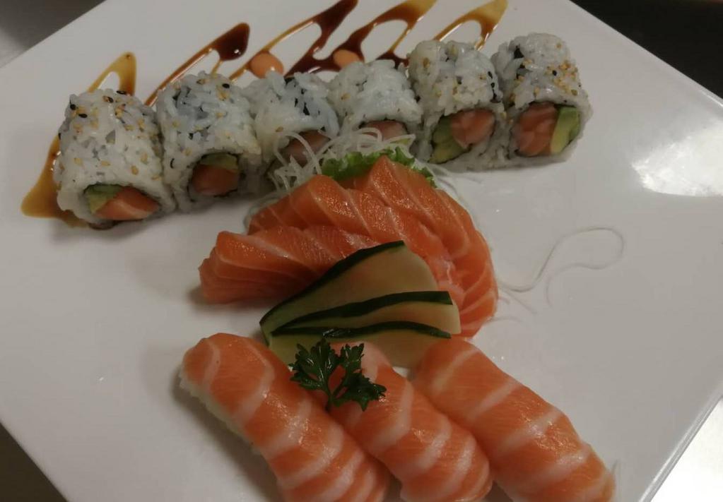 Salmon Lover ·  3 pc salmon sushi , 3 pc salmon sashimi  and  1 salmon avocado roll 
 sever  miso soup  or salad 