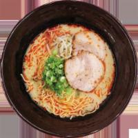 Karai Tonkotsu Ramen Soup · Japanese style ramen. Spicy pork broth; garlic, chili oil, pork chashu, bean sprout, and gre...