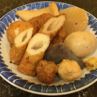 Oden  · Fishcakes, boiled egg, konnyaku, and & daikon in bonito in konbu (seaweed) broth 