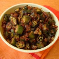 Bhindi Masala · Okra cooked with onions, tomatoes and bell peppers in tangy spices.