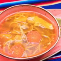 Sopa de Pollo · Chicken soup. Home-made chicken soup, noodles, potatoes, chicken, carrots.