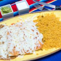 Enchiladas · Three corn tortillas with melted cheese topped with green or red sauce. Served with yellow r...