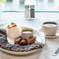 Churrasco · Skirt steak. Skirt steak cooked to your liking with chimichurri sauce. Served with white ric...