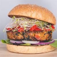 Sprouted Veggie Burger  · Vegan veggie, organic mixed greens, red onions, roasted red peppers, alfalfa sprouts, dijon ...
