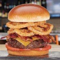 Bacon BBQ Burger  · All-natural Angus beef, Tillamook® cheddar, applewood smoked bacon, tomatoes, fried onion st...
