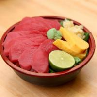 Tuna Sashimi Bowl · The Tuna Sashimi Bowl contains rice and mixed greens. It contains 1 scoop of raw tuna poke. ...