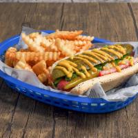 Chicago Dog · Vienna beef hot dog, sweet relish, yellow mustard, onion, tomato, sport peppers, pickle spea...