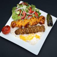 C Hicken and Ground Beef Combo · 1 skewer boneless chicken and 1 skewer ground beef. Served with rice, salad and signature ho...