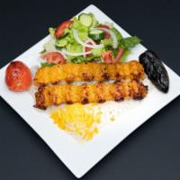 Chicken Koubideh Platter New · Seasoned and grilled, juicy ground-chicken skewers (2). Served with white  rice side salad ,...