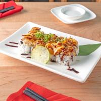 B.S.C · California roll with choice of baked shrimp or scallop topped with masago, scallions, spicy ...