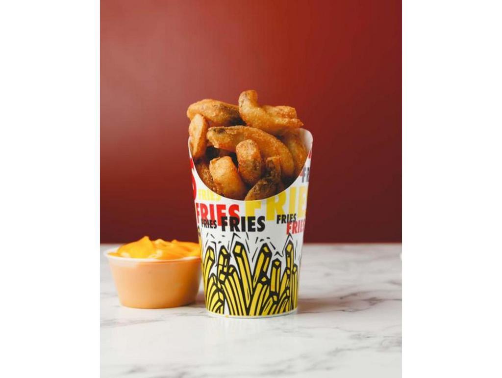 CHEESE FRIES · Original Cut SIDEWINDERS Fries, Skin On, featuring Bent Arm Ale® brand Craft Beer Batter.
Based on an award-winning ale made with two-row malt and Apollo hops.  Dipping cheese served on the side.