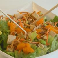Beijing Chicken Salad · Grilled chicken, edamame, mandarin oranges, carrots, toasted almonds, crispy wonton strips o...