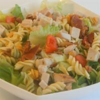 The Club · Oven roasted turkey or grilled chicken, tri-color pasta, bacon, tomatoes on romaine or icebe...