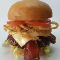 BBQ Bacon Cheese · Apple wood, bacon, American cheese, haystack onions, LT, BBQ sauce.