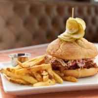 Pulled Pork Sandwich · Hand-pulled house-smoked pork shoulder, housemade bbq sauce, cider mustard, coleslaw, spicy ...