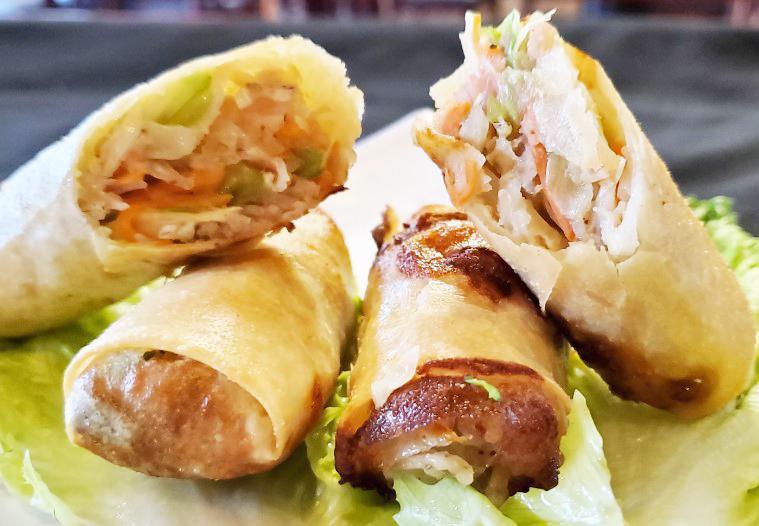 A4. Crispy Veggie Egg Rolls (House-made) - 2 pcs · House-made deep-fried appetizer for vegetarian, filled with taro, assorted veggies wrapped with rice paper