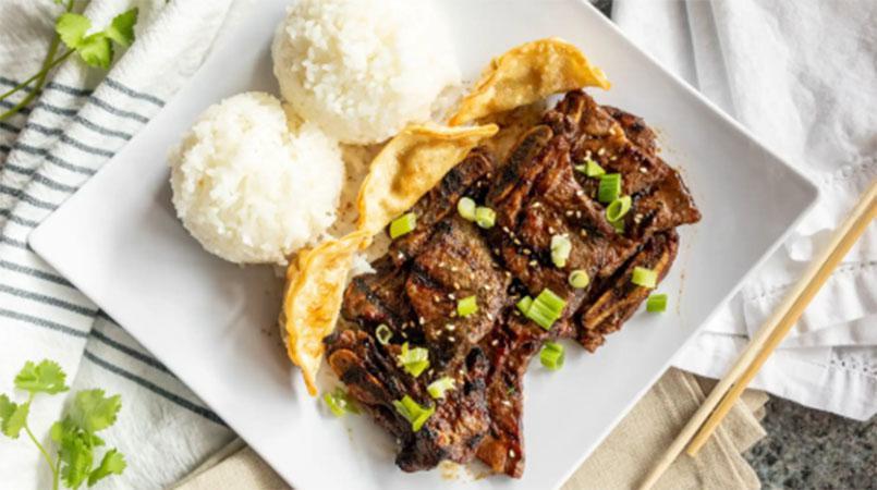 T4. BBQ Kalbi Plate (Short Rib) · The most famous dish in Korea.  BBQ beef short ribs, the ribs are marinated in a sweet sauce.  Serve with steamed rice, salad, potstickers.