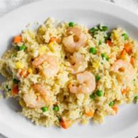 F6. Shrimp Fried Rice · Stir-fried in a wok with grilled Shrimp, Corn, Carrot, Green Pea, Egg mixed with steamed ric...