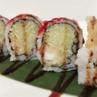 Lobster Tempura Roll · In: Lobster Tempura, Cucumber and Mayo. Out: Masago with Sweet Sauce.