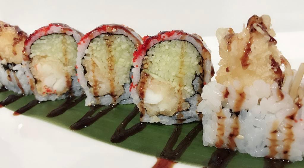 Lobster Tempura Roll · In: Lobster Tempura, Cucumber and Mayo. Out: Masago with Sweet Sauce.