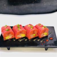 Baku Roll* · Spicy Tuna, Salmon, Tuna, Yellowtail, Kani and Avocado Wrapped with Soy PAper.