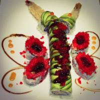 Colorful Butterfly Roll - New · Inside: Spicy Salmon, Flak, Kani, Avo Eel & Shrimp Tempura.
Outside: Assorted Caviar.
Top: A...