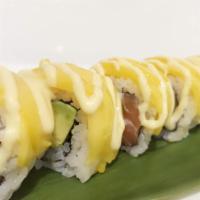 Golden Dragon Roll · In: Salmon and Avo. Top: Mango with Special Sauce.