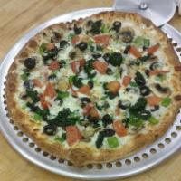 White Veggie Pizza · White pizza ricotta cheese covered in onions, green peppers, tomatoes, mushrooms, black oliv...