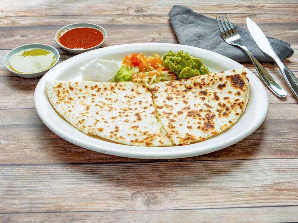 Quesadilla · Giant flour tortilla, grilled with cheese, sour cream and guacamole. Your choice of cheese, chicken or ground beef.