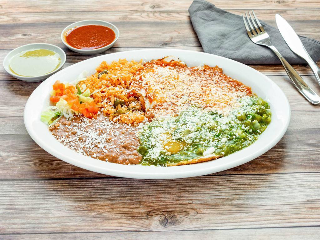 Chile Verde · Pork meat cooked in our special  green tomatillo sauce. Served with rice and beans.