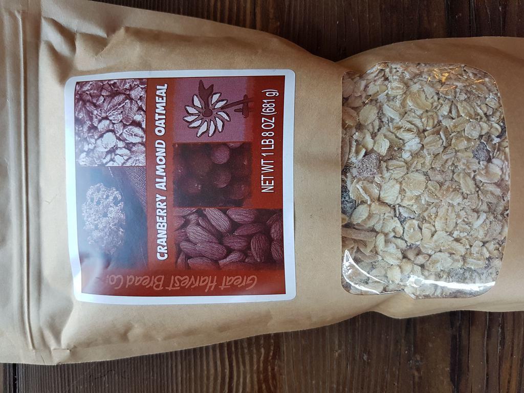 Cranberry Almond Oatmeal · Contains rolled oats, dried cranberries, brown sugar, almonds, non-fat dry milk, and salt.