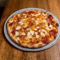 Grandma Pizza · Thin crust, pan-cooked topped with chunky tomato sauce, fresh garlic, oregano, mozzarella & ...