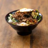 Festival Noodle Soup · Kimchi, zucchini, seasoned ground beef, egg and roasted seaweed. Spicy.