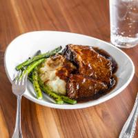 Boneless Short Ribs · Roasted garlic mashed potatoes, grilled asparagus, red wine demi glace