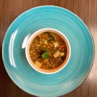 Cup of Lentil Soup · Selected lentil beans, celery, carrots, potatoes and pepper. Topped with cilantro. *Dairy an...