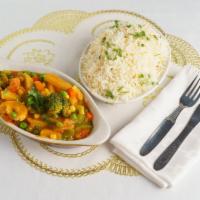 Vegetable Curry · Sauteed mixed vegetables topped with curry sauce. Vegan.